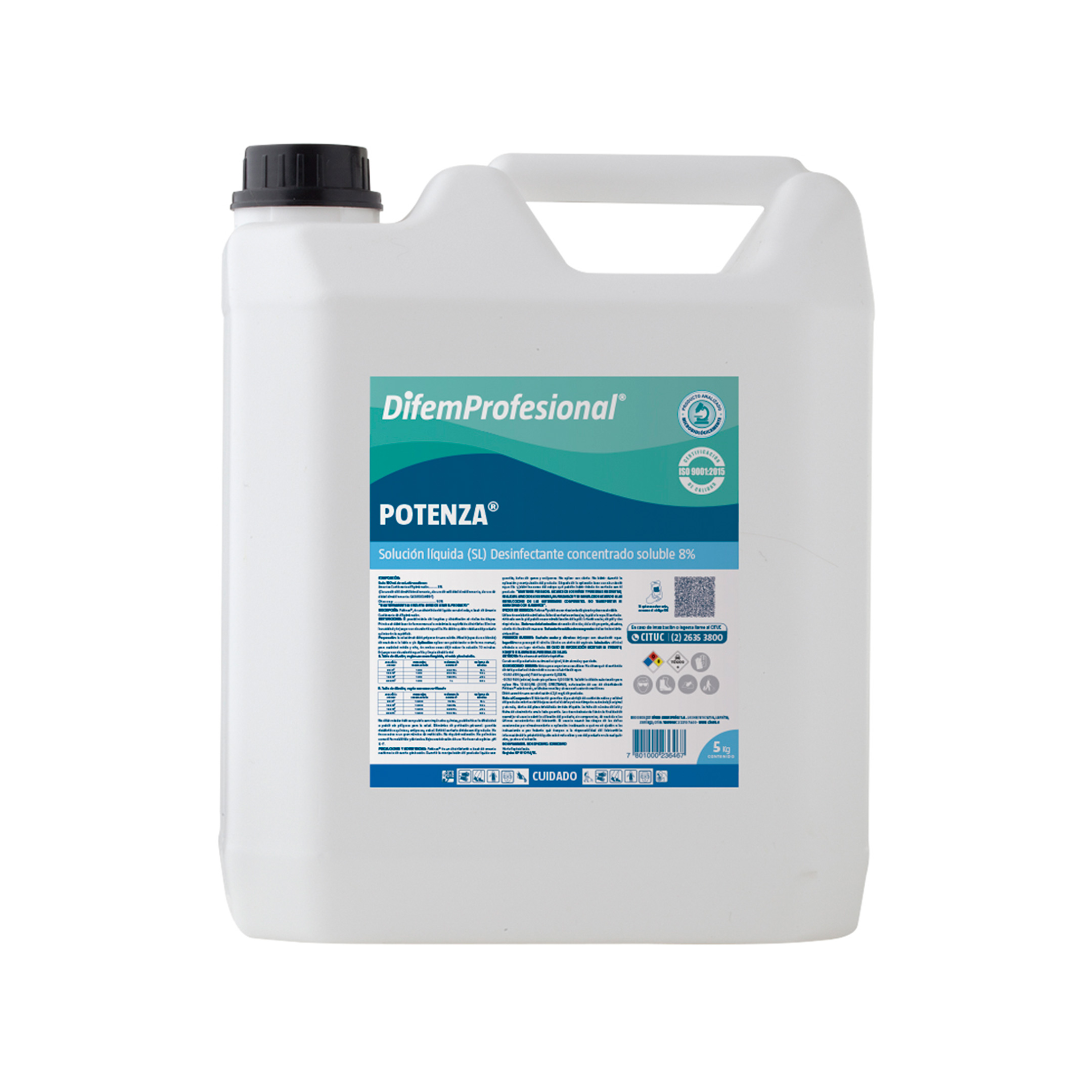 Potenza es un desinfectante líquido concentrado a base de Amonio Cuaternario de 4ta generación. Es un viricida, bactericida y fungicida que se puede aplicar en todo tipo de superficies lavables. Utilizado en la limpieza y desinfección de superficies en general. También puede ser utilizado en la desinfección de equipos hospitalarios e instrumental médico que no tenga contacto directo con mucosas (esfingomanómetros, carros de paro, etc).