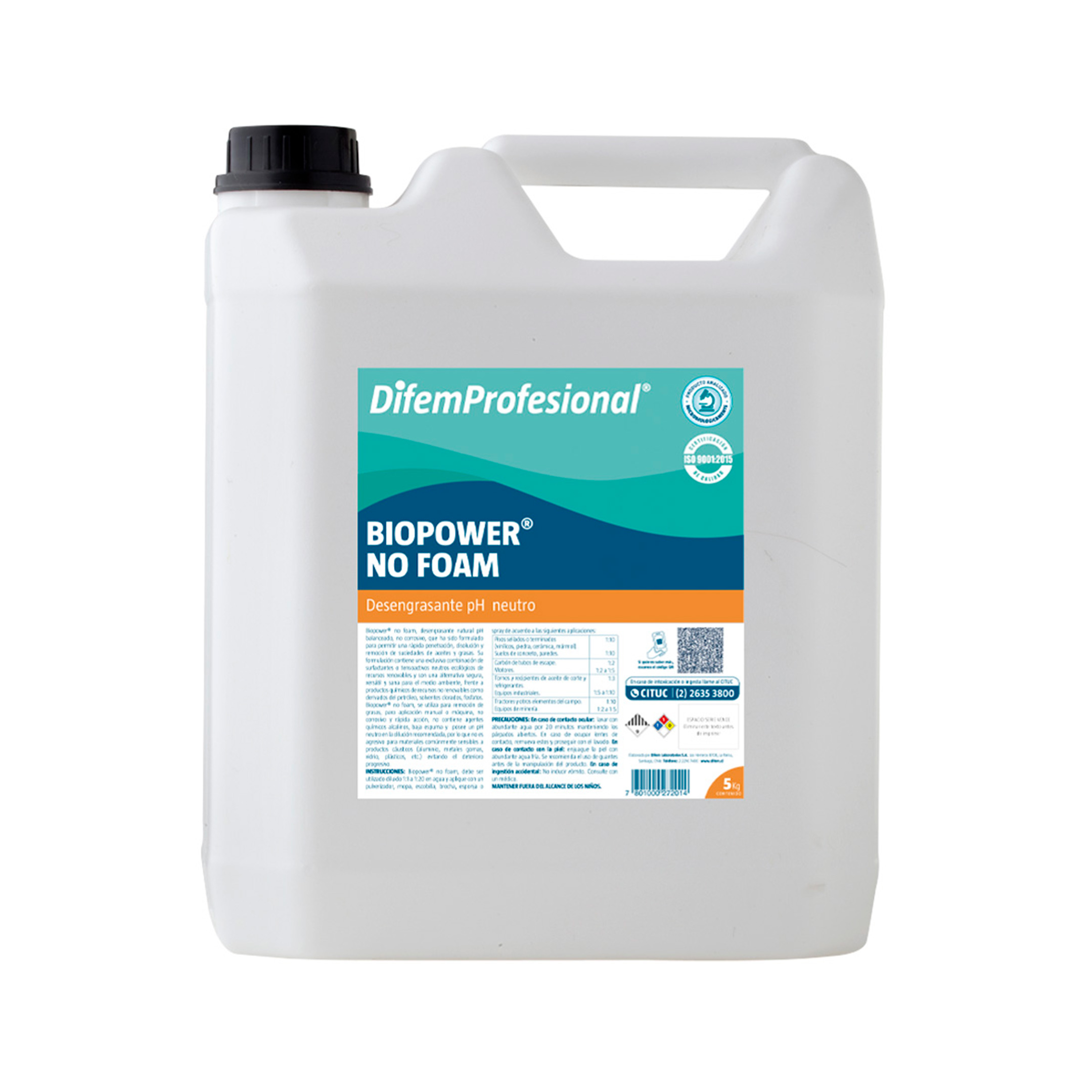 Biopower No Foam, desengrasante natural pH neutro es un desengrasante concentrado pH neutro - no corrosivo, que ha sido formulado para permitir una rápida penetración, disolución y remoción de suciedades de aceites y grasas, que podemos encontrar en la industria de alimentos, cárnica, agrícola e industrial entre otros. Su formulación contiene una exclusiva combinación de surfuctantes o tensoactivos neutros ecológicos proveniente de recursos renovables. Son una alternativa segura, versátil y sana para el medio ambiente, frente a productos químicos de recursos no renovables como derivados del petróleo, solventes clorados y fosfatos. No genera espuma, no contiene agentes químicos alcalinos y posee pH neutro por lo que no es agresivo para materiales comúnmente sensibles a productos cáusticos, evitando el deterioro progresivo y la corrosión.