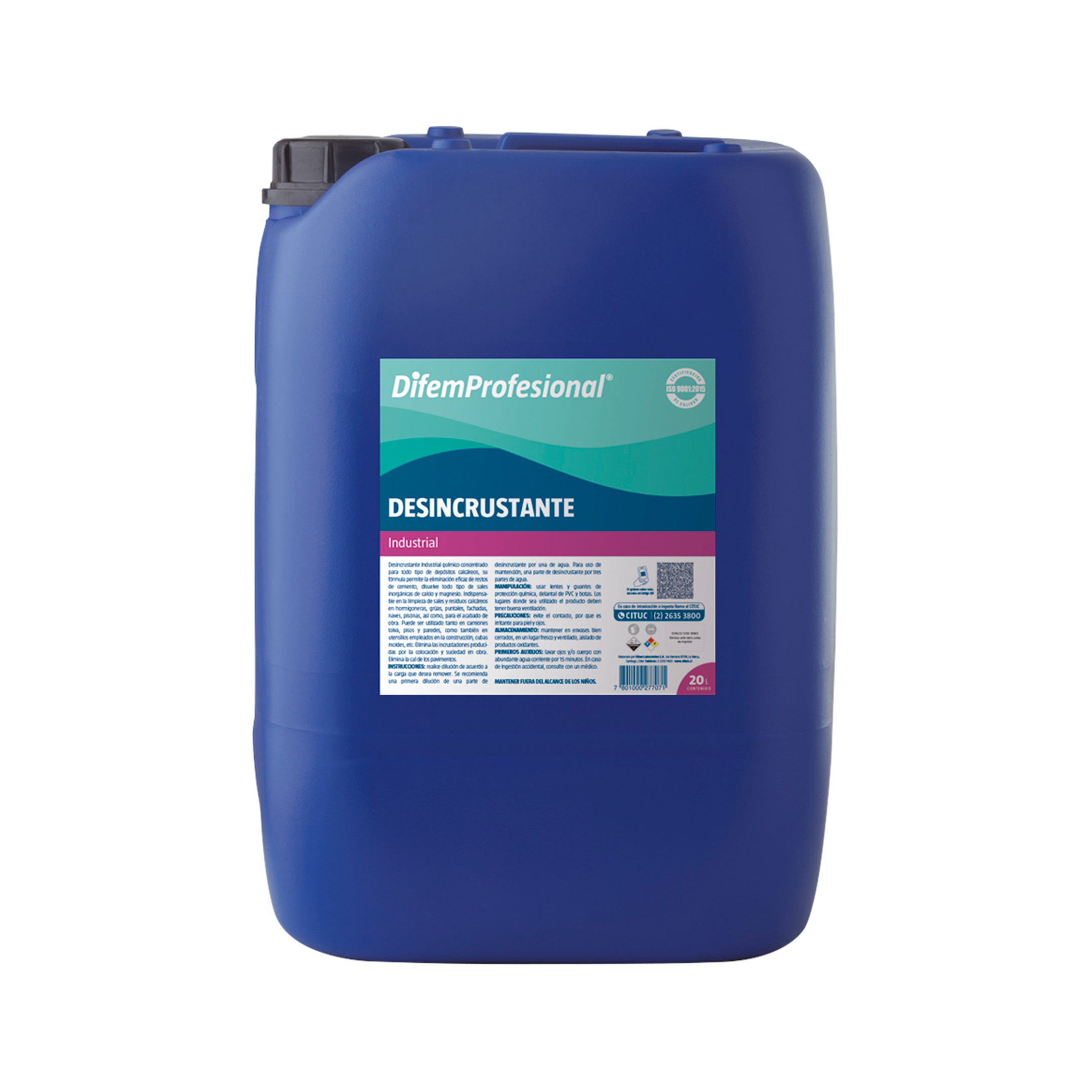 Desincrustante profesional concentrado para todo tipo de depositos calcáreos, su fórmula permite la eliminación eficaz de restos de cemento, disuelve todo tipo de sales inorgánicas de calcio y magnesio. Indispensable en la limpieza de sales y residuos calcáreos en hormigoneras, grúas, puntales, fachadas, naves, piscinas, asi como para el acabado de obra.