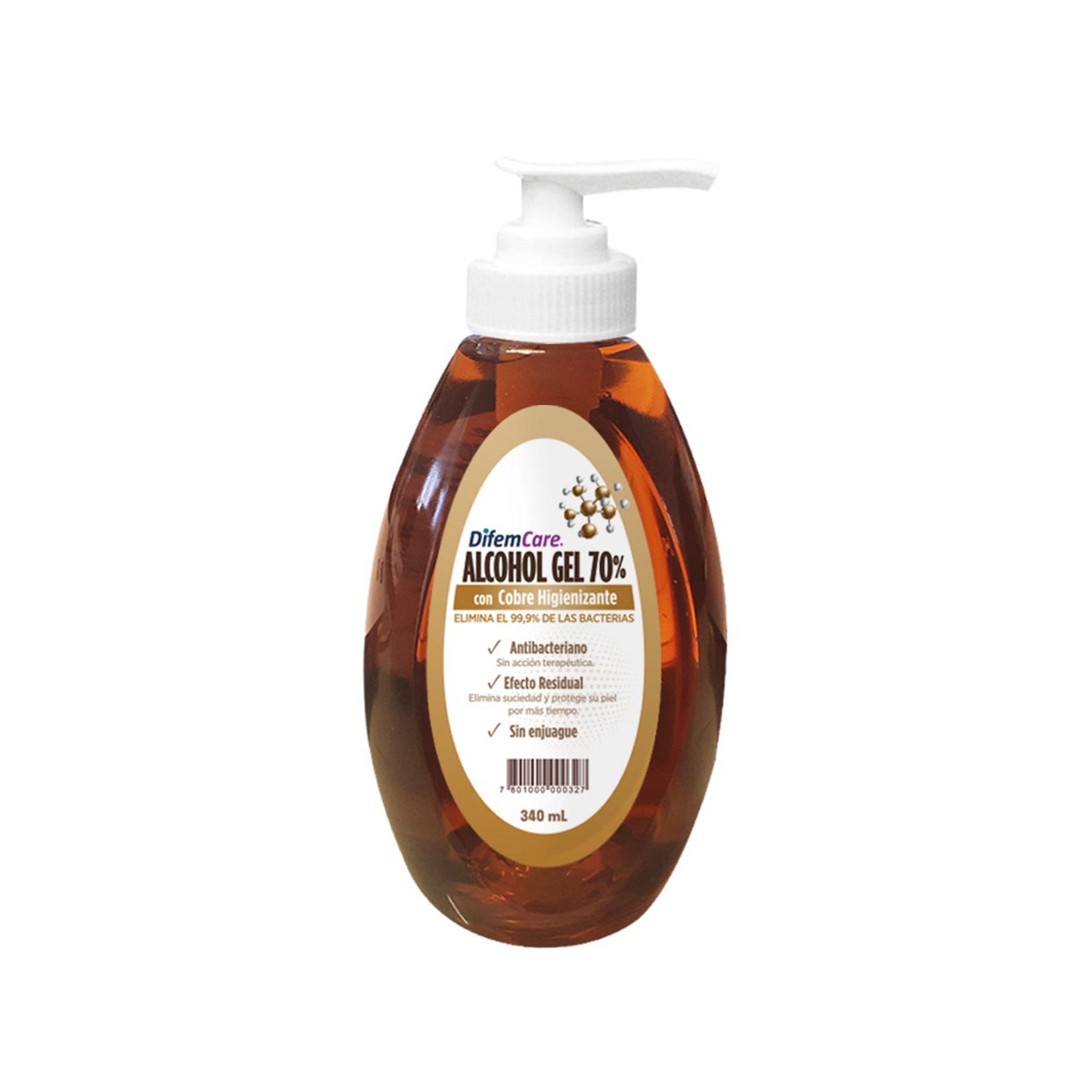 Alcohol Gel 70° con cobre higienizante para manos. Antibacteriano sin accion terapéutica, elimina el 99,9% de las bacterias. Tiene un efecto residual debido al cobre y no requiere enjuague.