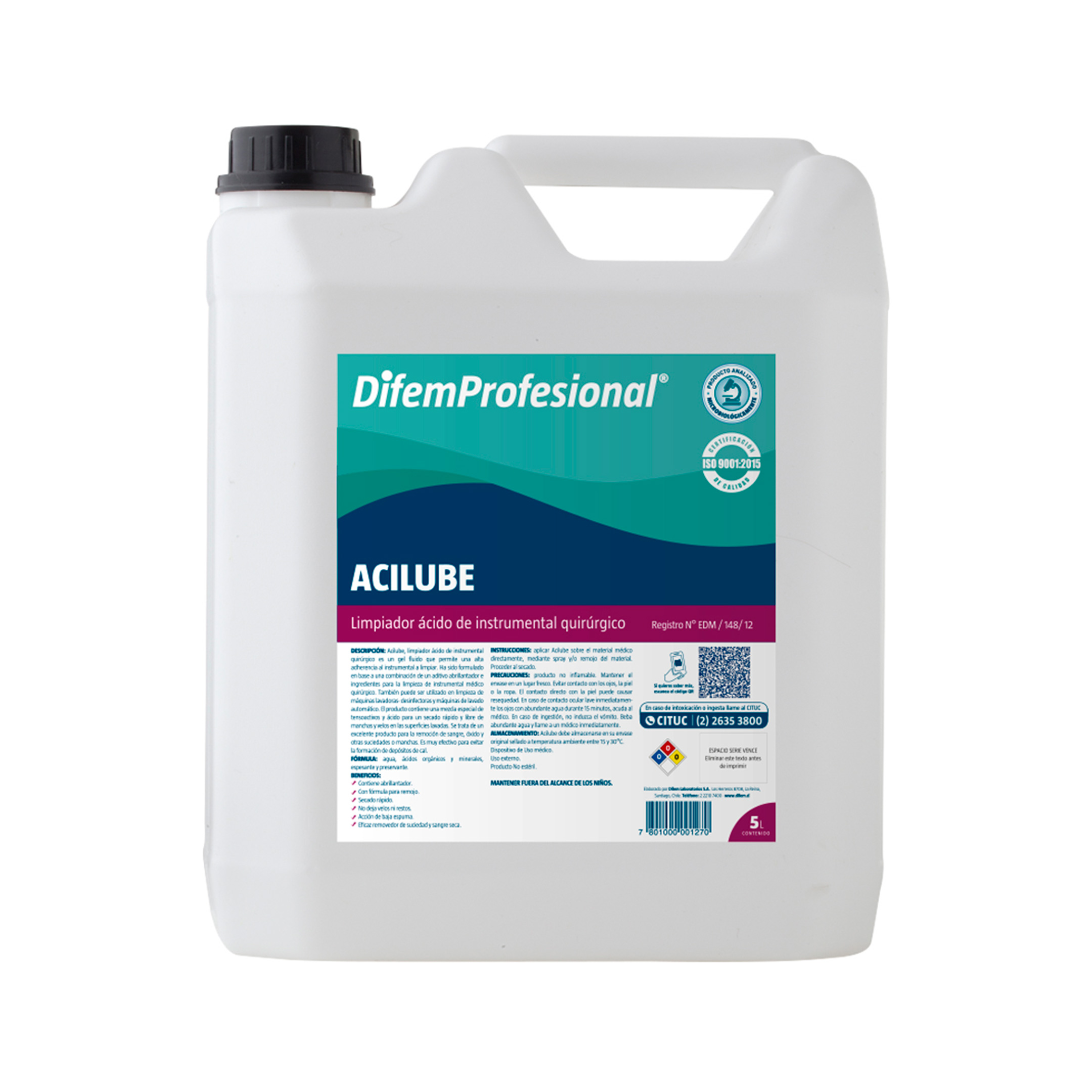 Limpiador ácido instrumental - ACILUBE es un gel fluido que permite una alta adherencia al instrumental a limpiar. Ha sido formulado en base a una combinación de un aditivo abrillantador e ingredientes para la limpieza de instrumental médico quirúrgico. También puede ser ocupado en limpieza de máquinas lavadoras-desinfectoras y máquinas de lavado automático. El producto contiene una mezcla especial de tensoactivos y ácido para un secado rápido, libre de manchas y velos en las superficies lavadas en todo tipo de aguas. Se trata de un excelente producto para el remojo de sangre, óxido y otras suciedades y manchas. Es muy efectivo para evitar la formación de depósitos de cal.