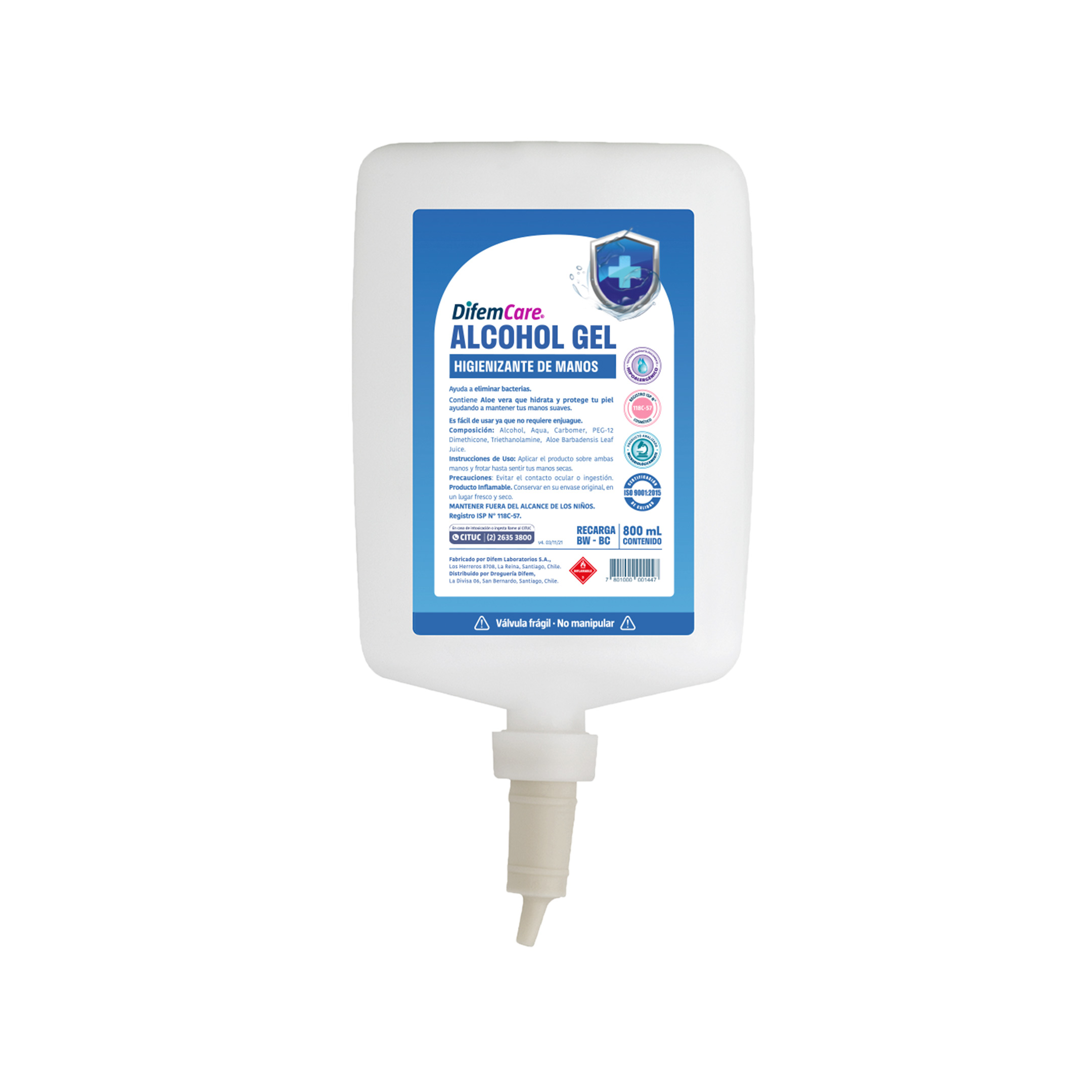 Higienizante de manos formulado con Alcohol gel 70° y Aloe Vera que hidrata y protege la piel, ayudando a mantener las manos suaves. No requiere enjuague.