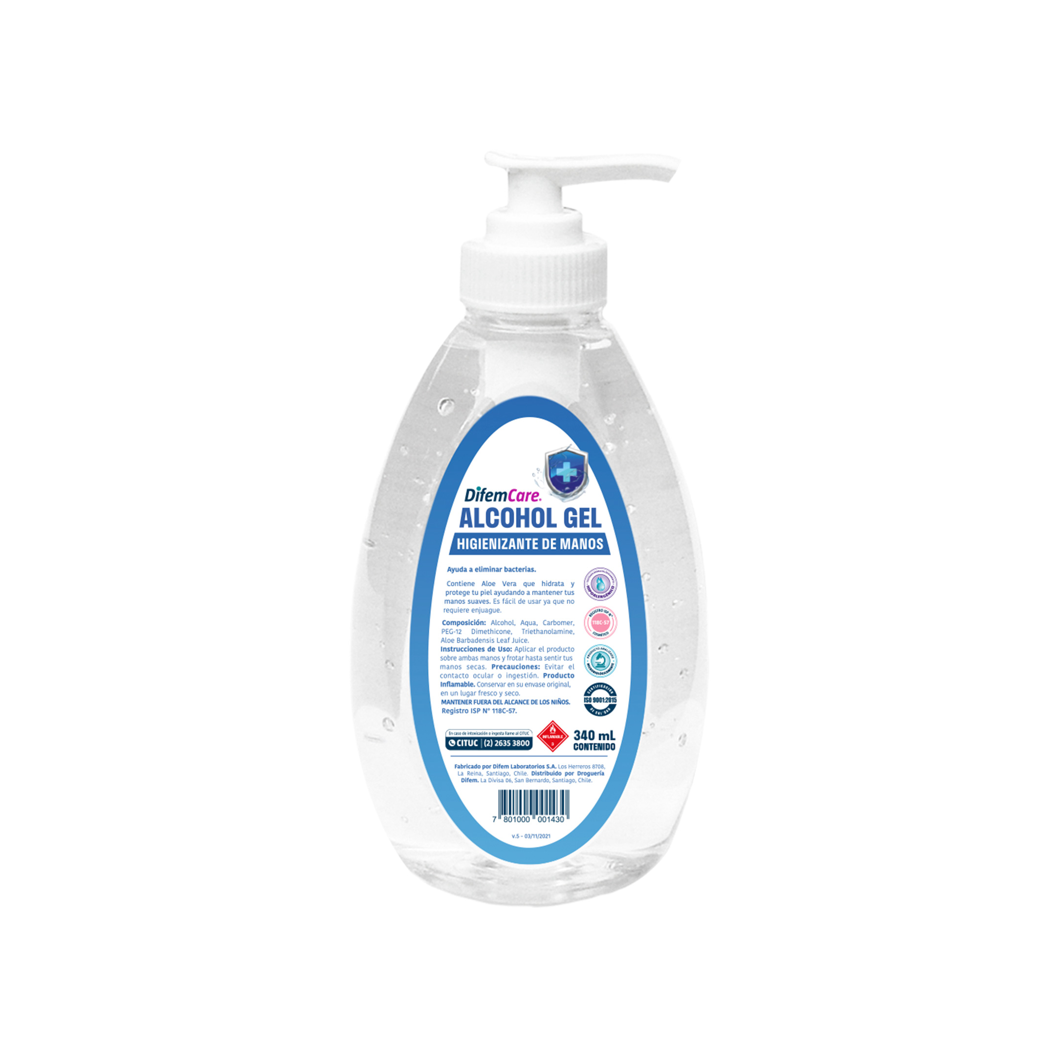 Higienizante de manos formulado con Alcohol gel 70° y Aloe Vera que hidrata y protege la piel, ayudando a mantener las manos suaves. No requiere enjuague.