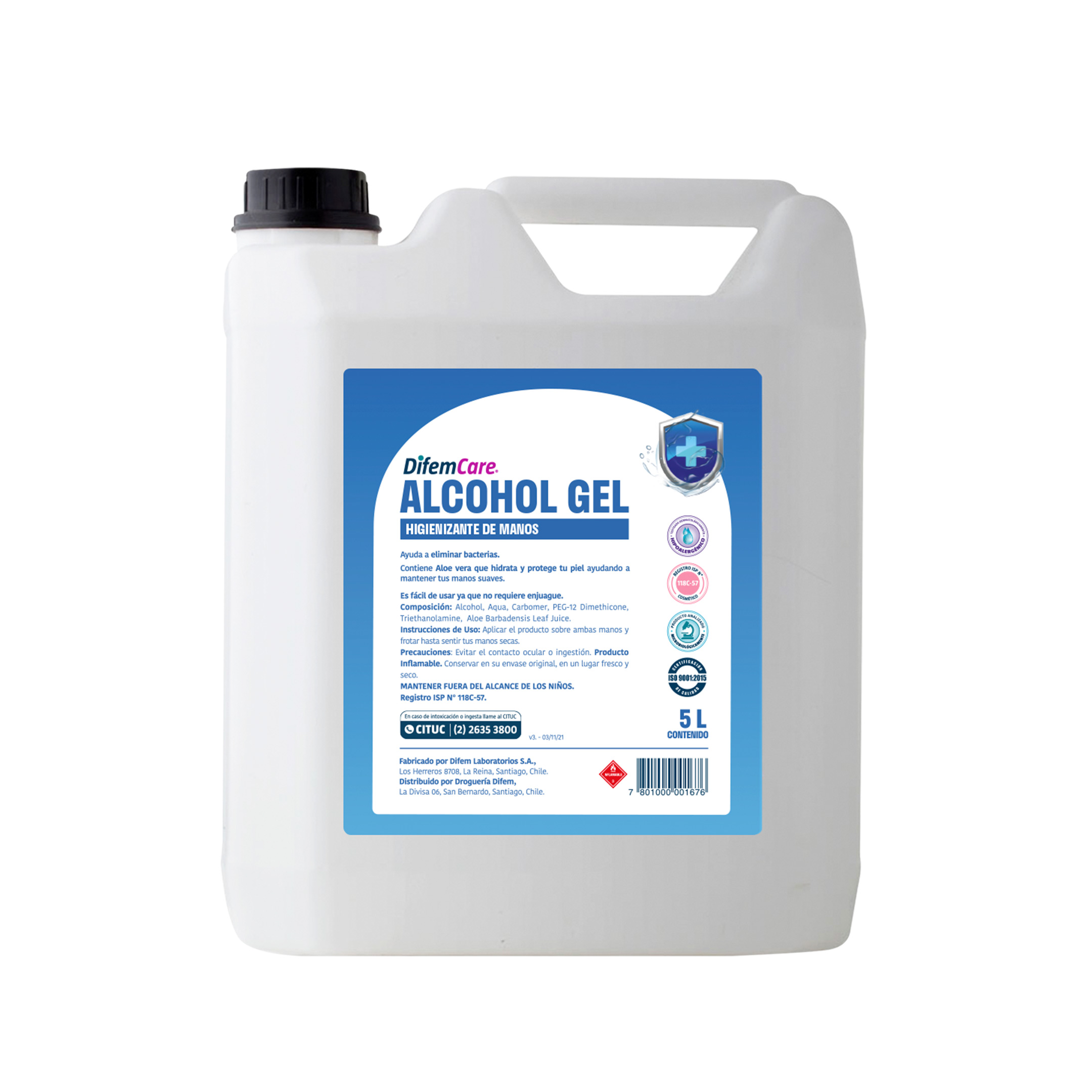 Higienizante de manos formulado con Alcohol gel 70° y Aloe Vera que hidrata y protege la piel, ayudando a mantener las manos suaves. No requiere enjuague.