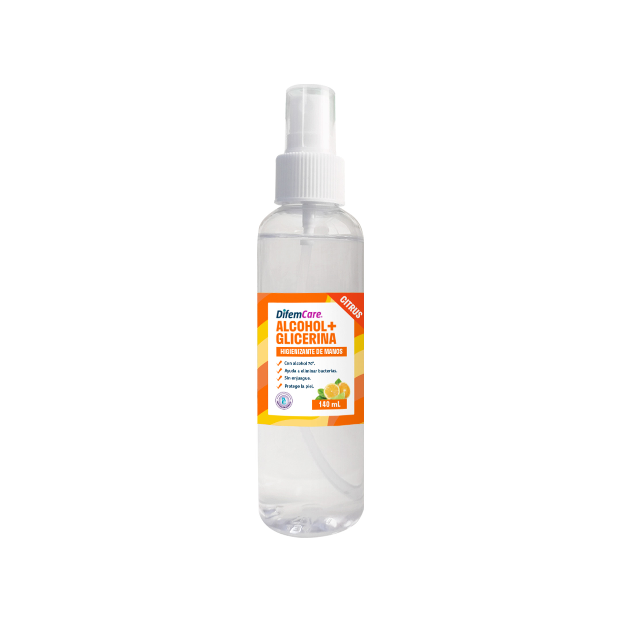 Higienizante de manos en formato spray con Alcohol de 70° y aroma cítrico. Contiene glicerina como humectante natural que protege la piel de las manos. Ayuda a eliminar gérmenes y no requiere enjuague.